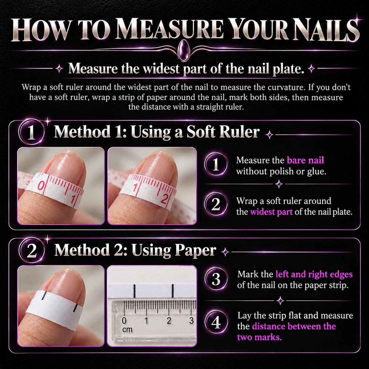 Press-on nail measurement guide showing how to measure the widest part of the nail using a soft ruler or a paper strip and ruler.