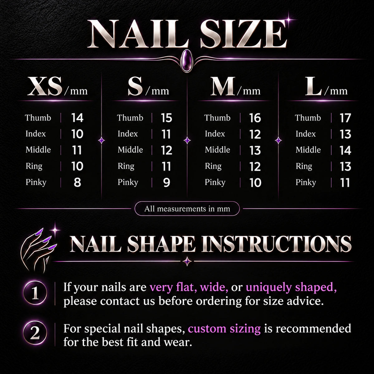 Press-on nails size chart showing XS, S, M, and L measurements in millimeters for thumb, index, middle, ring, and pinky fingers.